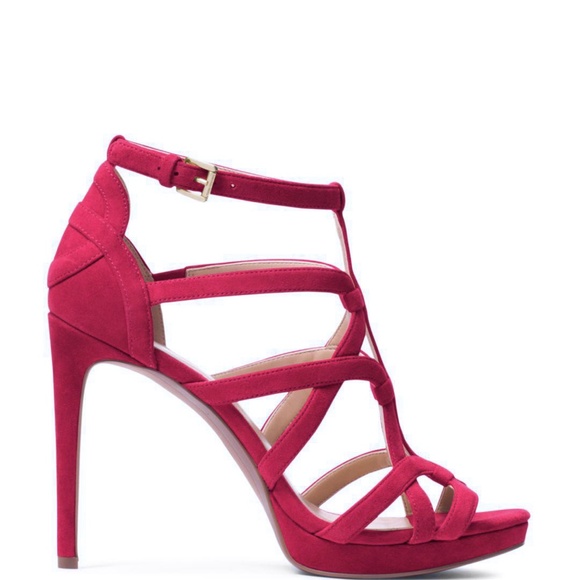 Michael Kors Sandra Silhouette Platforms Red Burgundy Suede Leather Sandals Heel - Picture 3 of 12